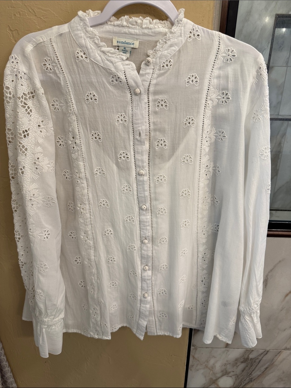 NWOT Sundance White Eyelet Button-Front Ruffled Neck Blouse XL